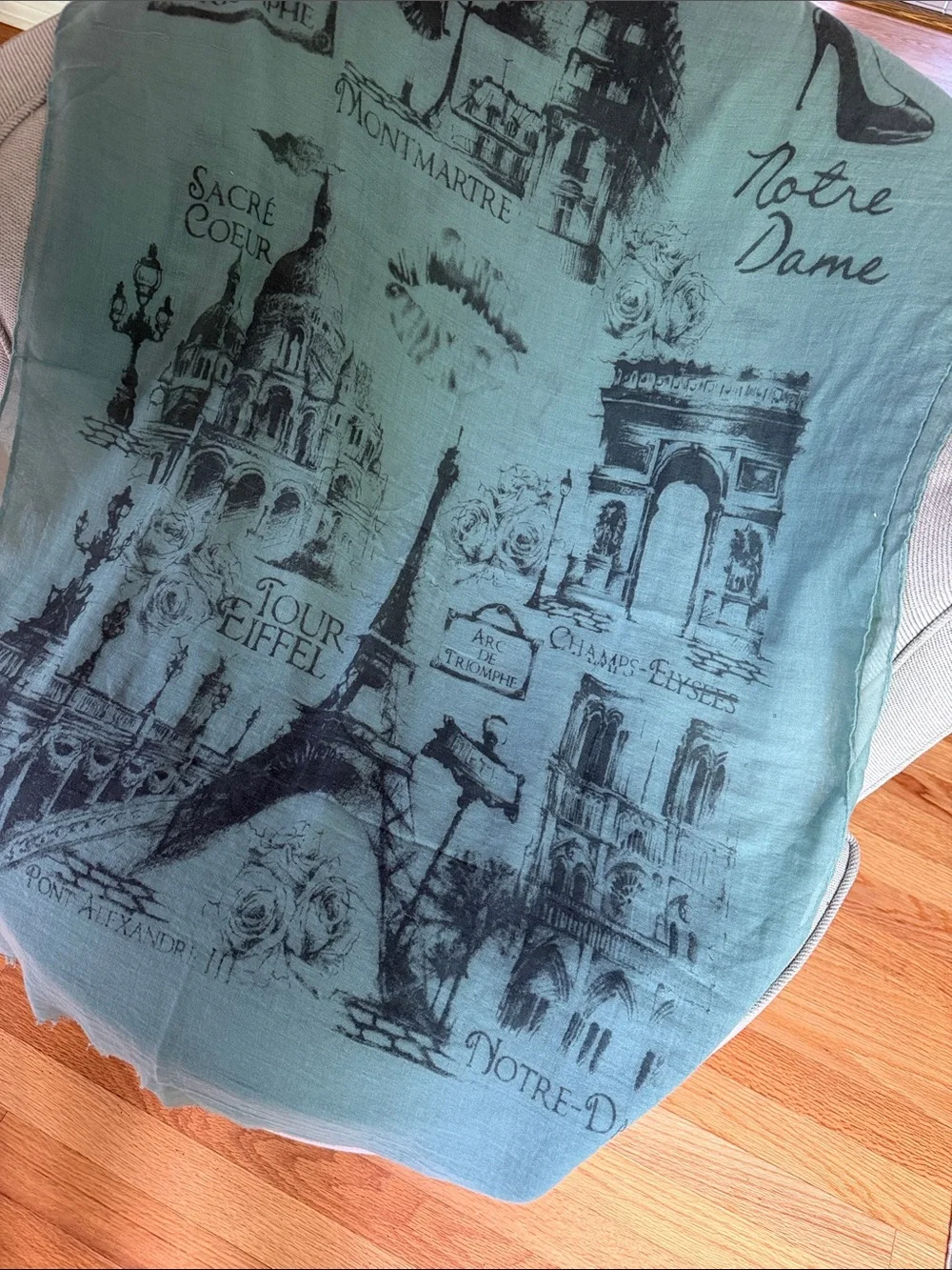 Vintage Paris Landmark Print Wrap Scarf Sage Green Grey Eiffel Tower